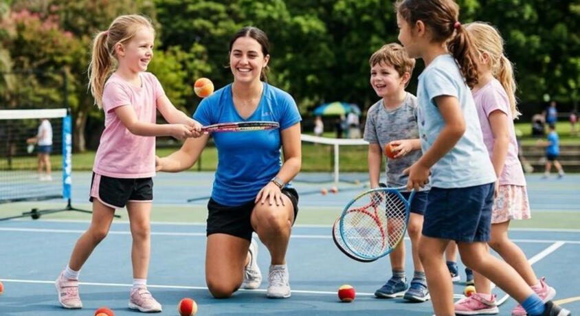Racquet Play – Children's Tennis Programs Tennis instructor teaching children beginner tennis skills on an outdoor court